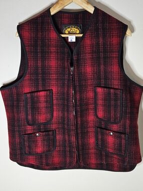 Woolrich Vintage Wool Nylon Plaid Vest Made In USA Red Black Men's L Large